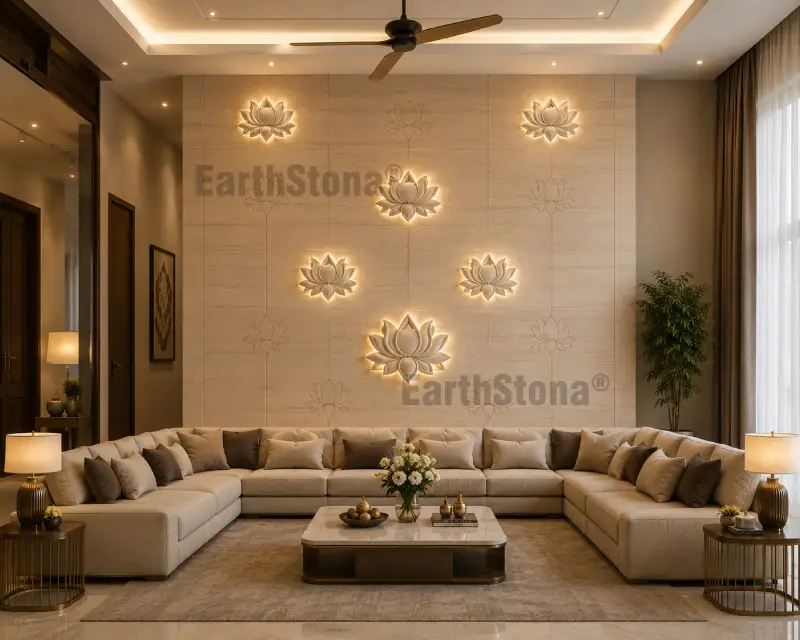 Luxury beige sandstone lotus wall carving with embossed lotus flowers and backlit carving design for living room by EarthStona